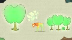 Size: 2100x1178 | Tagged: safe, screencap, the great seedling, deer, dryad, elk, g4, going to seed, apple tree, branches for antlers, eyes closed, female, glowing, glowing antlers, solo, tan background, tree