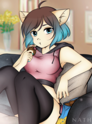Size: 1723x2320 | Tagged: safe, artist:nath, oc, oc only, oc:mocha polo, earth pony, anthro, armpits, big ears, blue eyes, blue nail polish, clothes, cookie, couch, eating, female, food, hoodie, mare, nail polish, shorts, sitting, socks, solo, sporty style, tan, thigh highs, workout outfit, ych result
