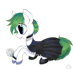 Size: 1800x1700 | Tagged: safe, artist:bo0ottle, oc, oc only, oc:olive roe, earth pony, pony, clothes, crossdressing, femboy, green hair, maid, male, mlem, silly, solo, stallion, tongue out