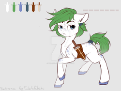 Size: 1024x768 | Tagged: safe, artist:falafeljake, oc, oc only, oc:olive roe, earth pony, pony, appleloosa, colored hooves, deviantart watermark, ear piercing, earring, freckles, green hair, hooves, jewelry, knife, male, obtrusive watermark, piercing, reference sheet, solo, spotted, stallion, watermark