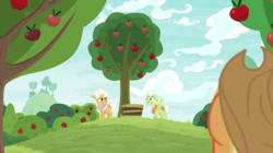 Size: 2100x1180 | Tagged: safe, screencap, applejack, goldie delicious, granny smith, earth pony, pony, g4, going to seed, apple, apple tree, basket, female, food, mare, tree