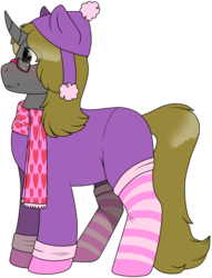 Size: 827x1084 | Tagged: safe, artist:69beas, oc, oc only, oc:luri equestria, pony, unicorn, blushing, bonnet, clothes, digital art, glasses, heart, male, scarf, simple background, socks, solo, stallion, striped socks, transparent background, winter outfit