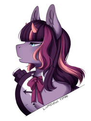 Size: 1000x1322 | Tagged: safe, artist:ezariel, oc, oc only, oc:luminous tempo, bicorn, pony, unicorn, blue eyes, bow, bowtie, bust, chest fluff, clock, cravat, dramatic, head, horn, multicolored hair, multiple horns, open mouth, pocket watch, purple, small horns, solo