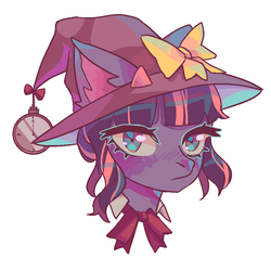 Size: 1000x1000 | Tagged: safe, alternate version, artist:rinaroku, oc, oc only, oc:luminous tempo, pony, unicorn, bow, bust, ear fluff, ears up, eyelashes, hat, horns, multicolored hair, simple background, solo, white background, witch hat