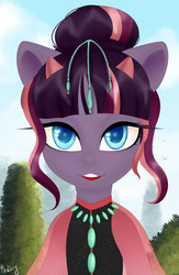 Size: 2154x3312 | Tagged: safe, artist:bestiary, oc, oc only, oc:luminous tempo, bicorn, pony, unicorn, alternate hairstyle, clothes, hair bun, high res, horn, horns, jewelry, looking at you, multicolored hair, shawl, solo