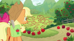 Size: 2100x1180 | Tagged: safe, screencap, apple bloom, applejack, earth pony, pony, g4, going to seed, apple, apple orchard, apple tree, arabesque pattern, butt, female, food, mare, plot, saddle bag, tree