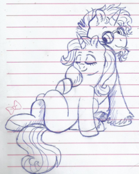 Size: 757x944 | Tagged: safe, artist:69beas, starlight glimmer, sunburst, pony, unicorn, g4, eyes closed, facial hair, female, glasses, hoof fluff, lineart, lined paper, male, mare, ship:starburst, shipping, sitting, sketch, smiling, stallion, straight, traditional art