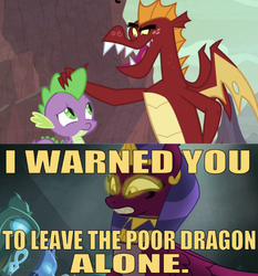 Size: 639x685 | Tagged: safe, edit, edited screencap, editor:undeadponysoldier, screencap, garble, spike, the sphinx, dragon, sphinx, daring done?, g4, gauntlet of fire, angry, caption, crown, dragon lands, fangs, female, followup, glowing eyes, image macro, jewelry, male, no one messes with spike, protecting, regalia, ship:sphike, shipping, spikelove, straight, teeth, text, this will not end well, winged spike, wings, yellow eyes