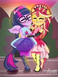 Size: 1536x2048 | Tagged: safe, artist:artmlpk, sci-twi, sunset shimmer, twilight sparkle, human, equestria girls, equestria girls series, forgotten friendship, g4, blushing, clothes, cute, digital art, dress, duo, female, friendshipping, hug, ponied up, shimmerbetes, super ponied up, twiabetes, wings
