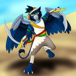 Size: 3500x3500 | Tagged: safe, artist:argustheseer, oc, oc only, griffon, anthro, anthro oc, bard, desert, fantasy class, high res, male, scimitar, solo, sword, weapon