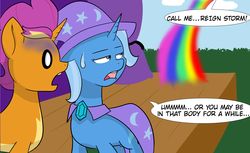Size: 3383x2065 | Tagged: safe, artist:chedx, smolder, trixie, pony, unicorn, comic:claws and hooves, g4, cropped, high res, implied rainbow dash, pony smolder, rainbow, shocked, species swap, stage, sweat, sweatdrop, white eyes