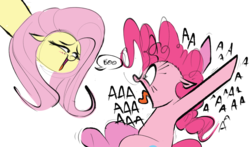 Size: 1877x1107 | Tagged: safe, artist:hattsy, fluttershy, pinkie pie, earth pony, pegasus, pony, g4, aaaaaaaaaa, boo, dialogue, eye contact, female, looking at each other, mare, role reversal, scared, screaming, simple background, smug, speech bubble, tongue out, white background