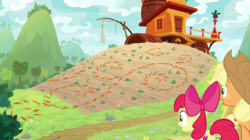 Size: 2100x1180 | Tagged: safe, screencap, apple bloom, applejack, earth pony, pony, g4, going to seed, apple sisters, arabesque pattern, bow, carrot, female, filly, foal, food, hair bow, mare, sweet apple acres