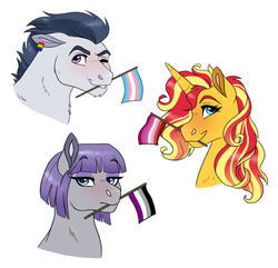 Size: 1280x1233 | Tagged: safe, artist:cascayd, maud pie, rumble, sunset shimmer, pony, g4, asexual, asexual pride flag, ear piercing, earring, female, flag, gender headcanon, headcanon, jewelry, lesbian, lesbian pride flag, lgbt, lgbt headcanon, male, mare, mouth hold, one eye closed, piercing, pride, pride flag, pride month, sexuality headcanon, simple background, stallion, transgender, transgender pride flag, trio