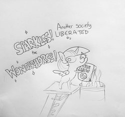 Size: 1533x1440 | Tagged: safe, artist:tjpones, twilight sparkle, alicorn, pony, sparkles! the wonder horse!, g4, anarchy, bipedal, black and white, book, everything is fixed, female, fire, freedom, good end, grayscale, hoof hold, imminent societal collapse, lineart, mare, missing cutie mark, monochrome, pencil drawing, simple background, solo, this will not end well, traditional art, twilight sparkle (alicorn)