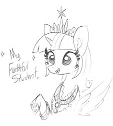Size: 1267x1403 | Tagged: safe, artist:tjpones, twilight sparkle, alicorn, pony, g4, black and white, bracelet, bust, crown, dialogue, ear fluff, female, grayscale, jewelry, lineart, mare, monochrome, necklace, older, older twilight, princess shoes, raised hoof, regalia, simple background, solo, traditional art, twilight sparkle (alicorn), white background