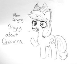 Size: 1468x1216 | Tagged: safe, artist:tjpones, applejack, earth pony, pony, g4, angry, angry about elves, black and white, cowboy hat, dialogue, ear fluff, female, funetik aksent, grayscale, hat, ink drawing, lineart, mare, monochrome, out of character, pony racism, racism, racist barn, raised hoof, simple background, solo, traditional art, white background