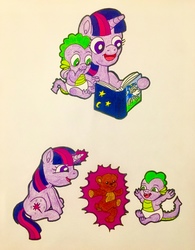 Size: 2860x3676 | Tagged: safe, artist:jamestkelley, spike, star swirl the bearded, twilight sparkle, dragon, pony, unicorn, g4, baby, baby spike, book, cute, dancing, diaper, happy, high res, magic, reading, sibling bonding, siblings, simple background, sitting, story time, teddy bear, telekinesis, young