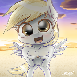 Size: 1900x1900 | Tagged: safe, artist:phoenixrk49, derpy hooves, anthro, g4, beach, bikini, blushing, clothes, cute, derp, derpabetes, female, leaning forward, outdoors, signature, solo, spread wings, sunset, swimsuit, white bikini, white swimsuit, wings