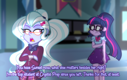 Size: 1500x950 | Tagged: dead source, safe, artist:wubcakeva, sci-twi, sugarcoat, twilight sparkle, equestria girls, equestria girls series, g4, clothes, crossed arms, crystal prep academy, crystal prep academy uniform, dialogue, female, glasses, implied lesbian, implied scitwishimmer, implied shipping, implied sugartwi, ponytail, school uniform, text