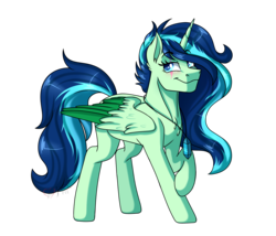 Size: 3500x3000 | Tagged: safe, alternate version, artist:jack-pie, oc, oc only, alicorn, pony, alicorn oc, art trade, background removed, colored wings, high res, multicolored wings, pendant, raised hoof, smiling, solo, wings