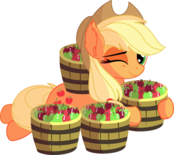 Size: 7110x6341 | Tagged: safe, artist:cyanlightning, applejack, earth pony, pony, g4, .svg available, absurd resolution, apple, bucket, chest fluff, cute, female, food, hat, holding, jackabetes, mare, one eye closed, prone, simple background, sitting, solo, transparent background, vector