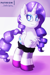 Size: 1500x2250 | Tagged: safe, artist:shad0w-galaxy, rarity, pony, unicorn, g4, asexual, asexual pride flag, chest fluff, clothes, female, mare, patreon, patreon logo, pride, pride month, smiling, socks, solo, striped socks