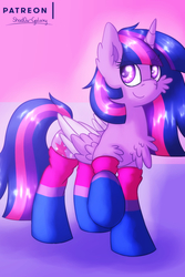 Size: 1500x2250 | Tagged: safe, artist:shad0w-galaxy, twilight sparkle, alicorn, pony, g4, bilight sparkle, bisexual pride flag, bisexuality, cheek fluff, chest fluff, clothes, colored pupils, female, fluffy, mare, patreon, patreon logo, pride, pride month, smiling, socks, solo, striped socks, twilight sparkle (alicorn), two toned wings, wings