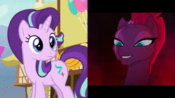 Size: 1280x720 | Tagged: safe, edit, screencap, starlight glimmer, tempest shadow, g4, my little pony: the movie, triple threat, animated, balloon, close-up, cropped, dubbing, female, glare, japanese, japanese dub, laughing, ponyville, smiling, sound, webm