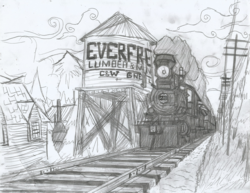 Size: 2191x1691 | Tagged: safe, artist:newman134, equestria girls, g4, 19th century, background, context in description, everfree forest, forest, headcanon, history, human world, locomotive, lore, monochrome, no pony, pencil drawing, railroad, scenery, steam engine, steam locomotive, traditional art, train, train tracks, vehicle