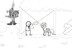 Size: 650x450 | Tagged: safe, anonymous artist, derpy hooves, oc, oc:anon, pony, msponyadventures, g4, 4chan, black and white, grayscale, monochrome, ponyville, speech bubble, twilight's castle