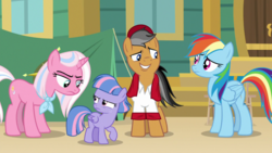 Size: 1920x1080 | Tagged: safe, screencap, quibble pants, rainbow dash, wind sprint, earth pony, pegasus, pony, unicorn, common ground, g4, chair, female, filly, grumpy, male, mare, nervous, raised eyebrow, stallion, tent
