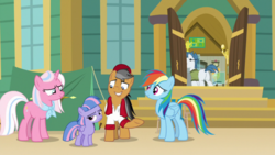 Size: 1920x1080 | Tagged: safe, screencap, clear sky, quibble pants, rainbow dash, wind sprint, earth pony, pegasus, pony, unicorn, common ground, g4, chair, tent