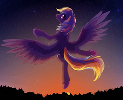 Size: 1500x1228 | Tagged: safe, artist:bel-assa, oc, oc only, oc:evening song, pegasus, pony, dancing, evening, feather, female, laughing, solo, wings
