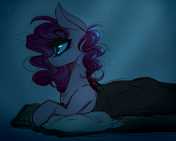 Size: 777x625 | Tagged: safe, alternate version, artist:avimod, pinkie pie, earth pony, pony, g4, abstract background, bed, blanket, crepuscular rays, dark, female, mare, pillow, prone, solo
