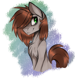 Size: 651x677 | Tagged: safe, artist:avimod, oc, oc only, earth pony, pony, abstract background, chest fluff, eye clipping through hair, hair over one eye, smiling, solo