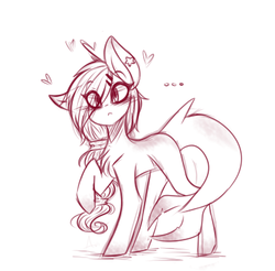 Size: 395x389 | Tagged: safe, artist:avimod, oc, oc only, original species, shark pony, ..., big ears, blank flank, ear piercing, earring, eye clipping through hair, female, hairclip, heart, jewelry, looking at you, mare, monochrome, piercing, raised hoof, simple background, solo, white background