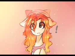 Size: 800x600 | Tagged: safe, artist:avimod, oc, oc only, oc:cia, pony, abstract background, cap, cat ears, clothes, ear piercing, earring, exclamation point, eye clipping through hair, female, floppy ears, hat, jewelry, looking at you, mare, piercing, scarf, solo, stray strand