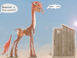 Size: 2000x1500 | Tagged: safe, artist:madhotaru, oc, oc only, oc:twiggy, giraffe, concave belly, outhouse, potty time, size problem, solo, tall, toilet, too big