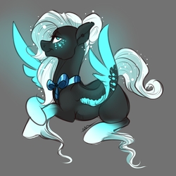 Size: 3000x3000 | Tagged: safe, artist:itsmalicious, oc, oc only, oc:faline, pegasus, pony, blank flank, bow, colored hooves, female, freckles, glowing wings, gray background, high res, lidded eyes, mare, prone, simple background, smiling, solo, sparkles, spread wings, unshorn fetlocks, wings