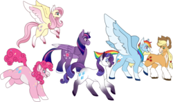 Size: 2130x1263 | Tagged: safe, artist:horsepowerred, applejack, fluttershy, pinkie pie, rainbow dash, rarity, twilight sparkle, alicorn, earth pony, pegasus, pony, unicorn, g4, blushing, chubby, coat markings, colored wings, curved horn, ear piercing, earring, female, flying, glasses, horn, jewelry, lesbian, mane six, mare, piercing, ship:appledash, shipping, simple background, smiling, spread wings, transparent background, twilight sparkle (alicorn), wings