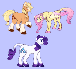 Size: 2920x2637 | Tagged: safe, artist:horsepowerred, applejack, fluttershy, rarity, classical unicorn, earth pony, pegasus, pony, unicorn, g4, blaze (coat marking), blue background, cloven hooves, coat markings, colored ears, colored fetlocks, colored hooves, colored wings, ear fluff, facial markings, female, hair over one eye, hatless, high res, horn, leonine tail, mare, missing accessory, raised hoof, simple background, smiling, socks (coat markings), straw in mouth, stray strand, trio, unshorn fetlocks, wings