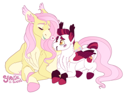 Size: 2611x2060 | Tagged: safe, artist:horsepowerred, fluttershy, oc, oc:tuff luv, pegasus, pony, g4, adopted offspring, blood, bruised, chest fluff, coat markings, colored ears, colored hooves, duo, ear fluff, eyes closed, female, filly, floppy ears, fluttermom, heart, high res, mare, mother and daughter, nosebleed, open mouth, parent:fluttershy, prone, simple background, speech bubble, stray strand, transparent background