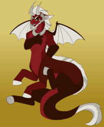 Size: 2407x2929 | Tagged: safe, artist:horsepowerred, discord, lord tirek, centaur, draconequus, hybrid, g4, collar, draconequus hybrid, facial hair, fangs, fusion, gradient background, grin, high res, horn, horns, male, multiple horns, nose piercing, nose ring, piercing, request, septum piercing, smiling, solo, spread wings, wing claws, wings