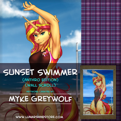 Size: 876x876 | Tagged: safe, artist:mykegreywolf, sunset shimmer, unicorn, anthro, g4, advertisement, armpits, clothes, female, obtrusive watermark, swimsuit, watermark