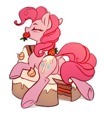 Size: 721x838 | Tagged: safe, artist:tomatocoup, edit, pinkie pie, earth pony, pony, g4, balloonbutt, blushing, butt, cake, cute, diapinkes, dock, eyes closed, featureless crotch, female, food, foodplay, mare, mouth hold, plot, rear view, sfw edit, simple background, solo, strawberry, underhoof, white background