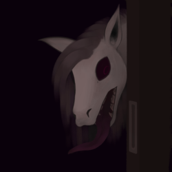 Size: 2222x2222 | Tagged: safe, artist:stoopedhooy, oc, oc:shakes heartwood, monster pony, pony, digital art, door, high res, hoers, looking at something, open mouth, peeking, tongue out