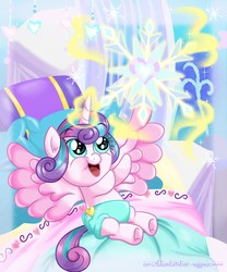 Size: 6000x7200 | Tagged: safe, artist:meganlovesangrybirds, princess flurry heart, pony, g4, the crystalling, adorable face, baby, baby alicorn, baby blanket, baby flurry heart, baby pony, blanket, cloth diaper, crib, crib blanket, crystal heart, cute, cute baby, daaaaaaaaaaaw, diaper, diapered, diapered filly, embroidered blanket, embroidery, female, filly, flurrybetes, happy, happy baby, infant, light pink diaper, magic, mirrored image, newborn, open mouth, pillow, reaching, reaching up, safety pin, scene interpretation, signature, snow, snowflake, solo, telekinesis, weapons-grade cute