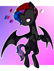 Size: 1102x1461 | Tagged: safe, artist:bonpikabon, oc, oc only, oc:nocturnal paint, bat pony, pony, bat pony oc, beanie, bedroom eyes, bisexual pride flag, ear piercing, earring, eyebrow piercing, eyeshadow, female, flying, hat, heart, jewelry, makeup, mare, piercing, pride, pride flag, raised hoof, reference sheet, smiley face, smiling, solo, tattoo, wing piercing