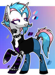 Size: 1106x1500 | Tagged: safe, artist:bonpikabon, oc, oc only, oc:harmony note, pony, unicorn, boots, choker, clothes, ear piercing, earring, eyebrow piercing, eyeshadow, female, jacket, jeans, jewelry, leather jacket, makeup, mare, nose piercing, pants, piercing, pride, raised hoof, reference sheet, shoes, socks, solo, spiked choker, spiked wristband, striped socks, tattoo, torn clothes, trans female, transgender, wristband